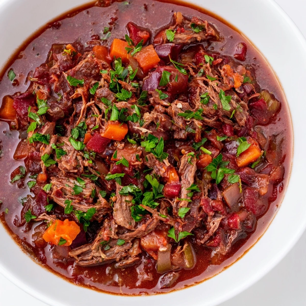 Steaming slow cooker ragu with tender shredded beef simmering in rich tomato sauce, ready to ladle over pasta.  