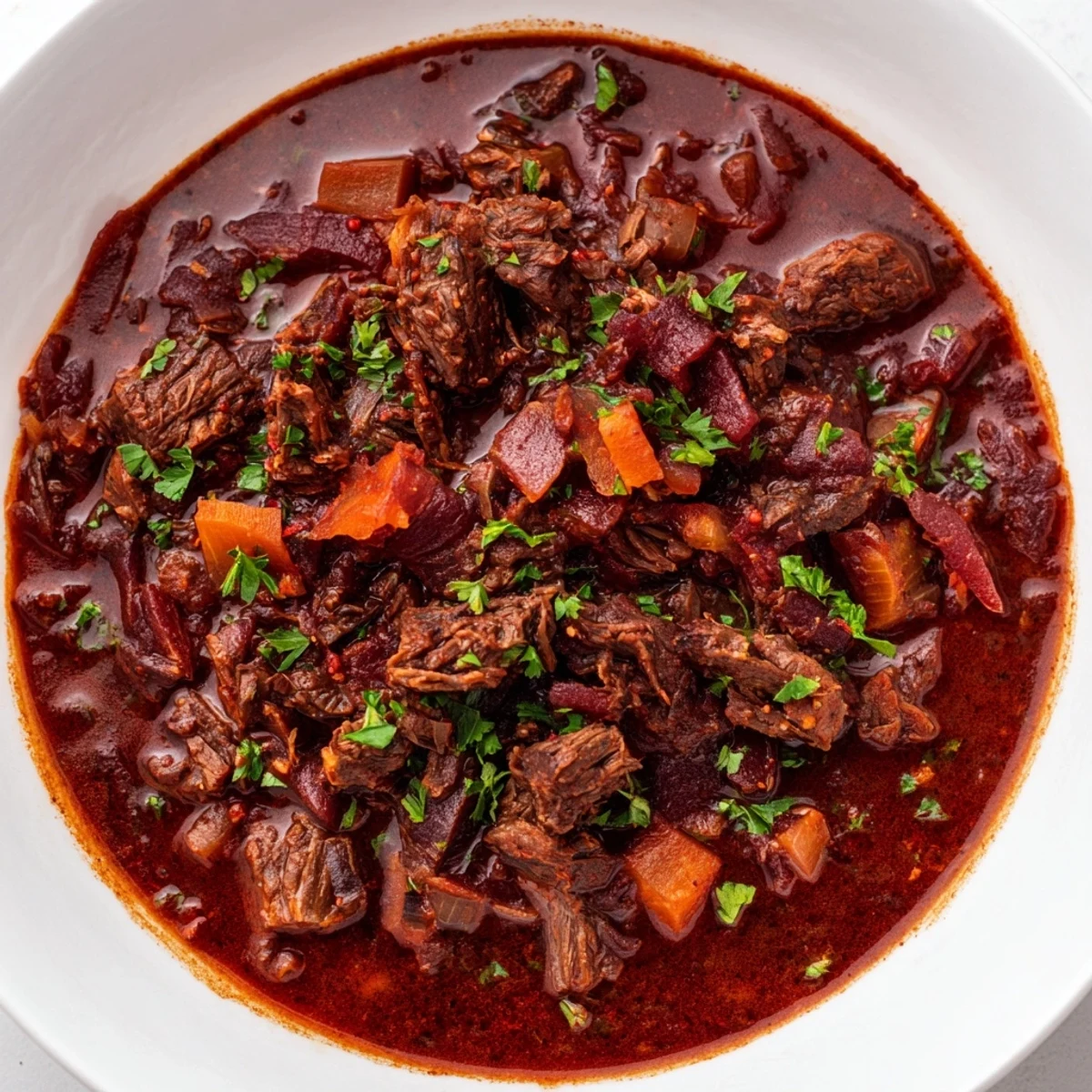 A close-up of Slow Cooker Ragu with Beef served over spaghetti, garnished with fresh basil and Parmesan.  