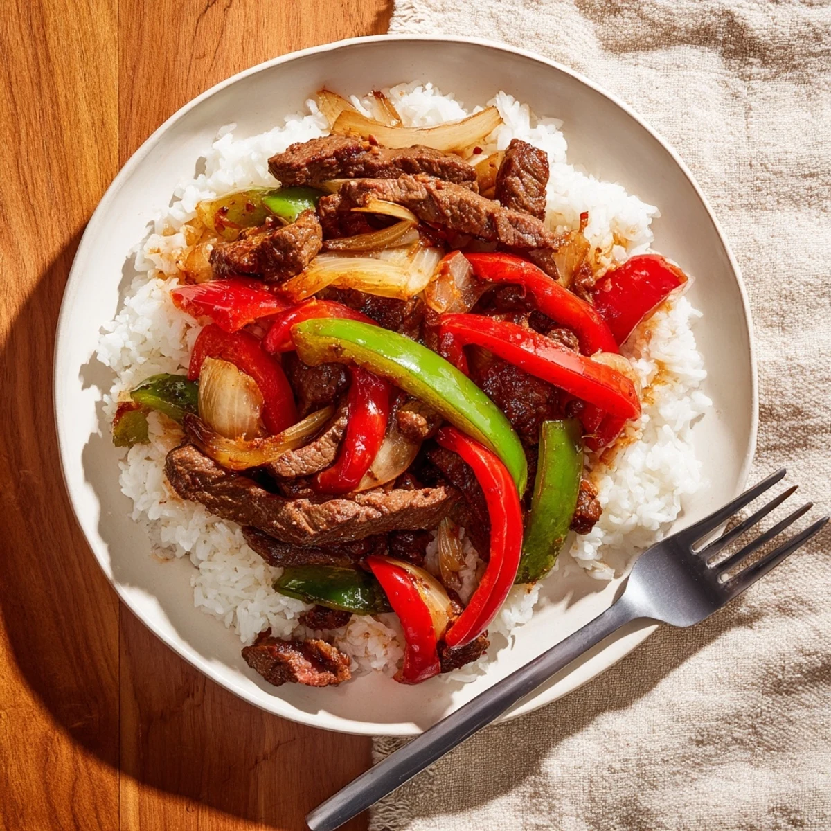 Spicy Beef Stir-Fry with Rice served over fluffy white rice, garnished with spring onions and bright bell peppers.  