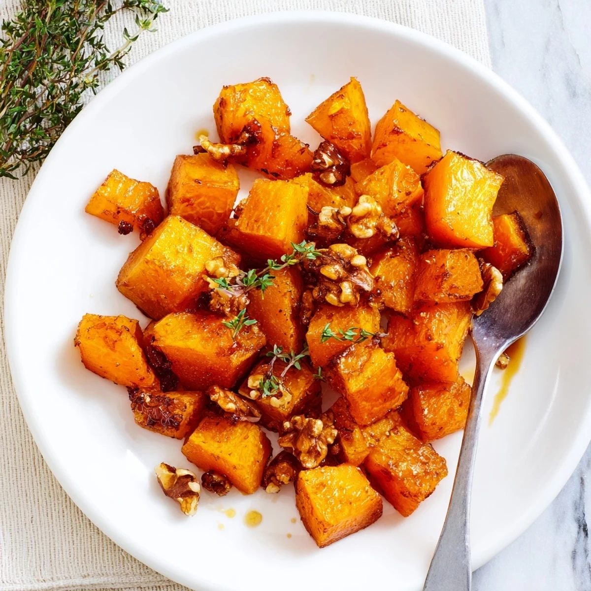 Caramelized butternut squash roasted with brown sugar and warm spices for a sweet, savory side dish.