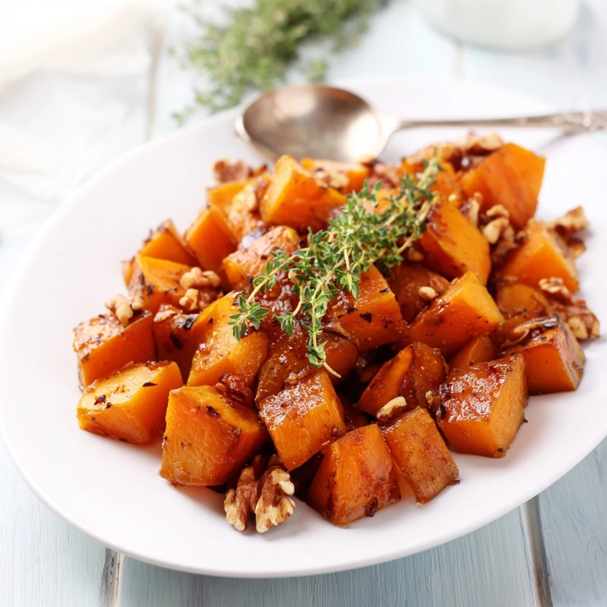Golden-brown roasted butternut squash cubes glazed in brown sugar, served warm with a sprinkle of pecans.