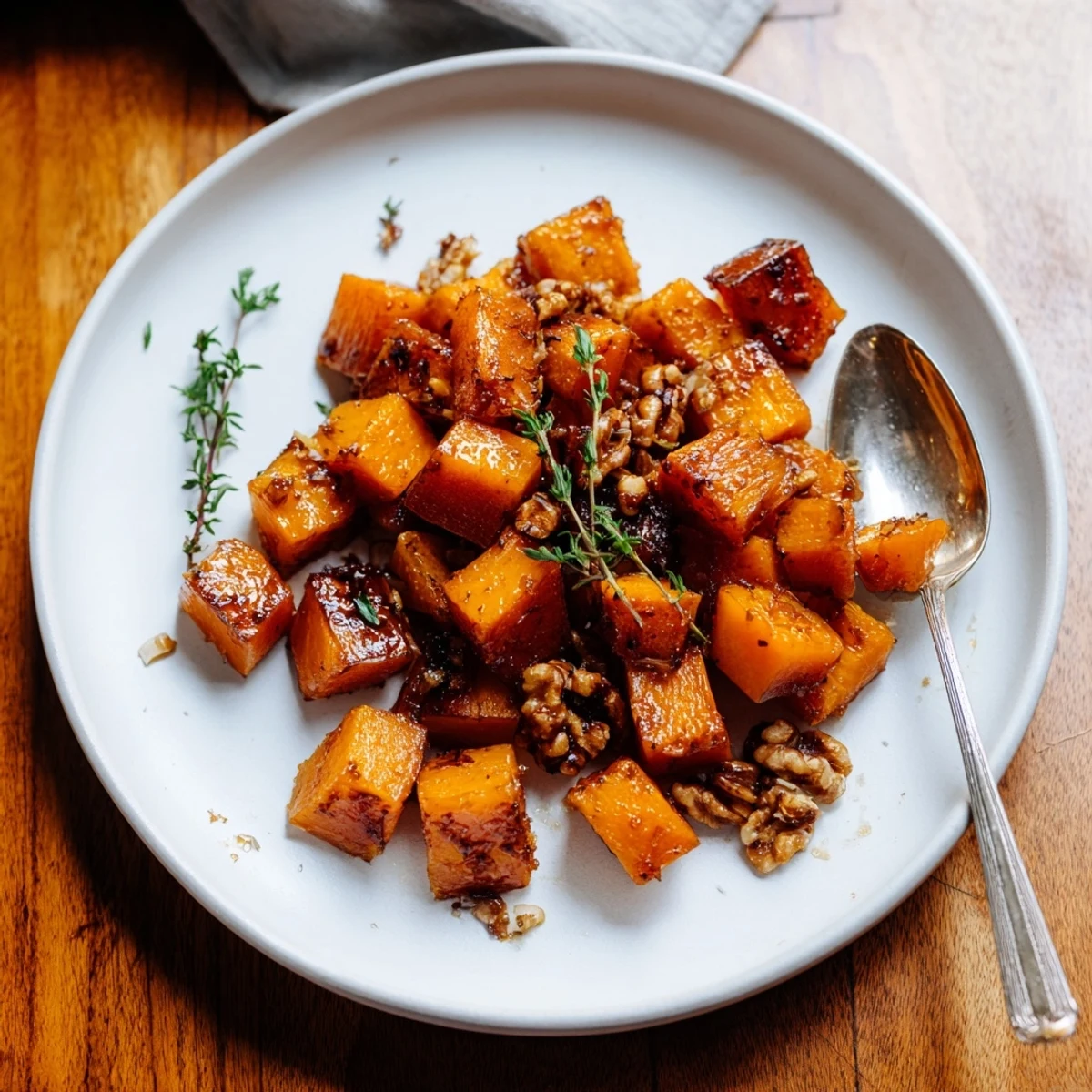 Fork-tender roasted butternut squash with brown sugar, cinnamon, and nutmeg on a rustic serving platter.