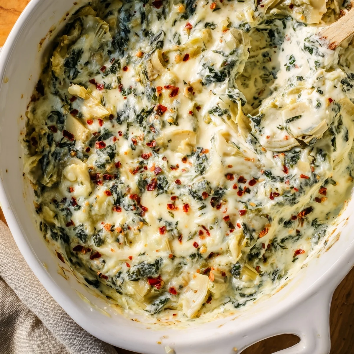 Creamy Spinach and Artichoke Dip bubbling from the oven, garnished with fresh spinach leaves alongside sliced baguette.  