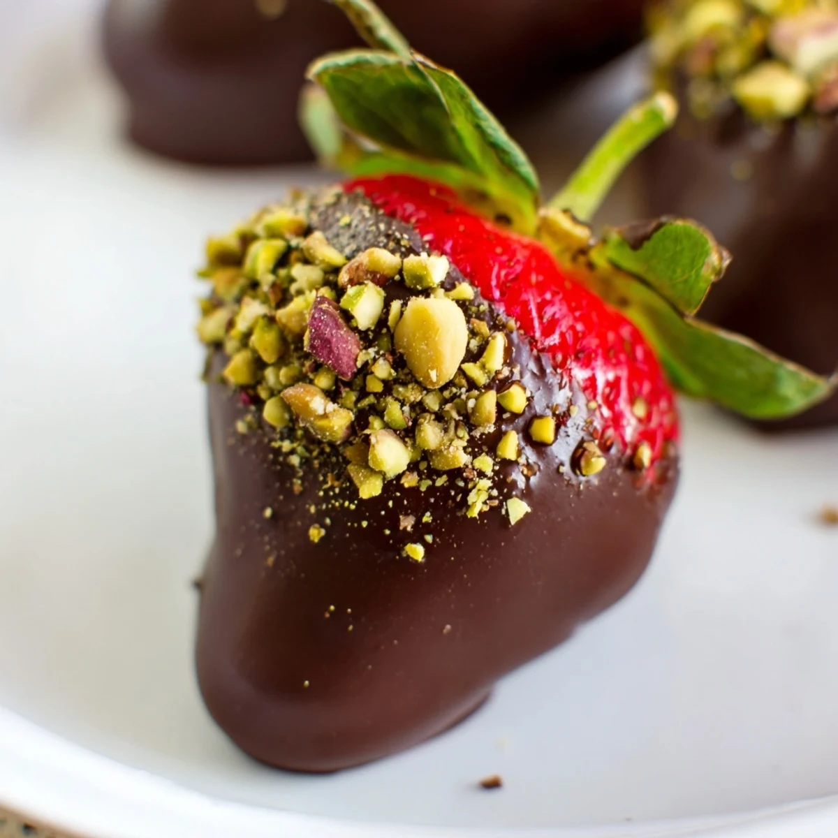 Fresh Chocolate Dipped Strawberries with Nuts are displayed with glossy dark chocolate coating and chopped nuts on a white plate.  