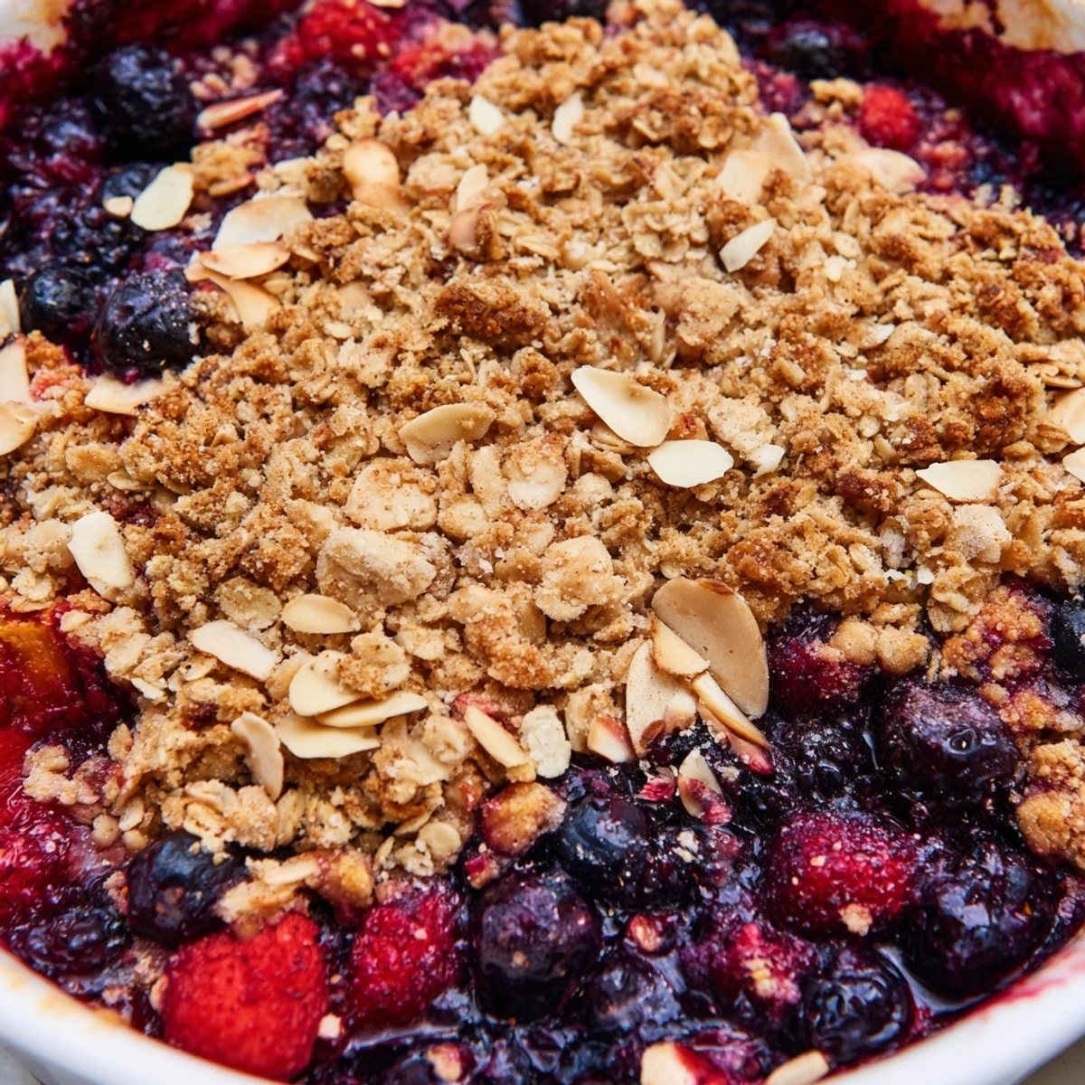 Golden-topped Winter Berry Crumble with Oats bubbling in a white baking dish, served with a scoop of vanilla ice cream melting into the warm fruit.