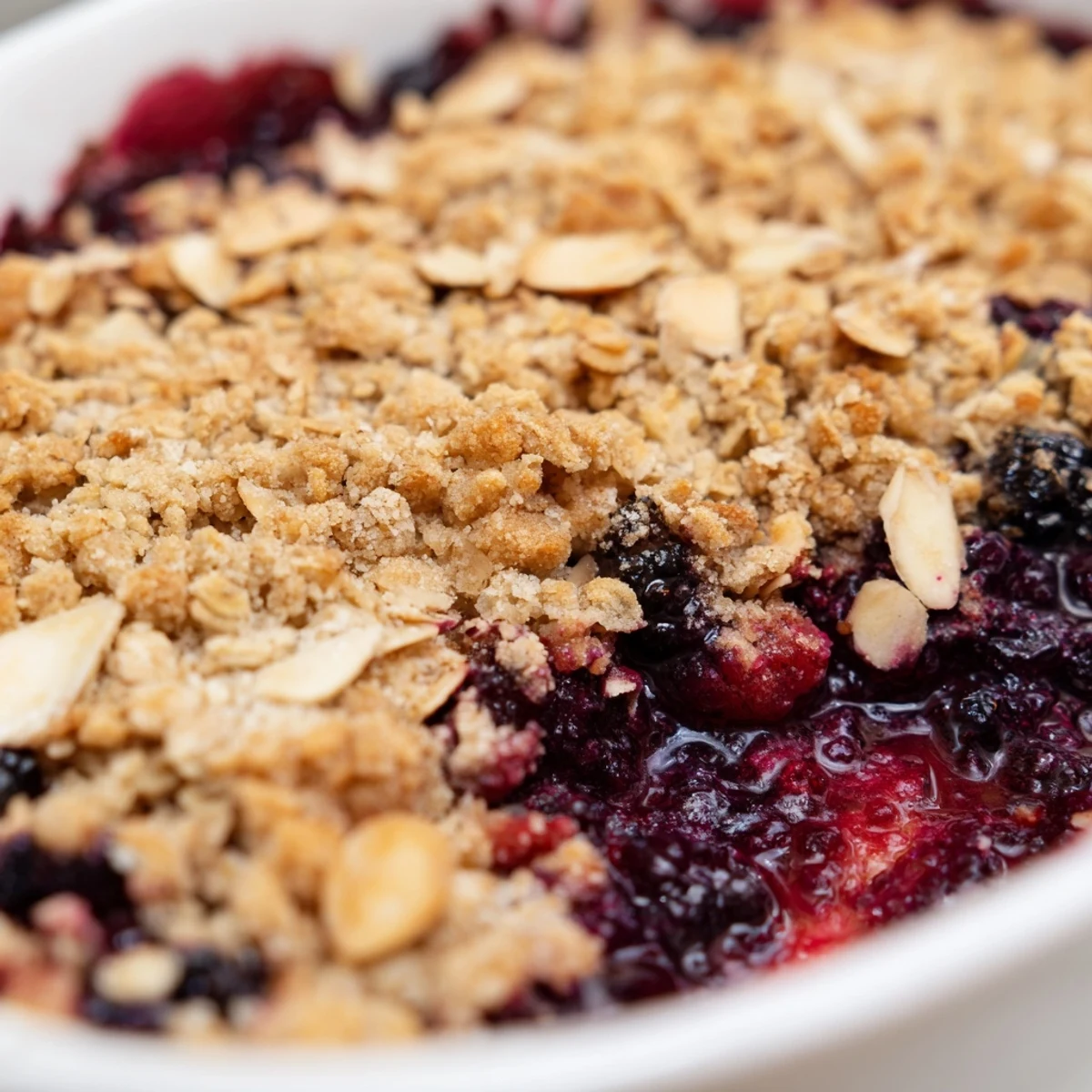 A rustic Winter Berry Crumble with Oats reveals juicy berry filling and a crunchy oat-almond topping, fresh from the oven on a cozy kitchen counter.