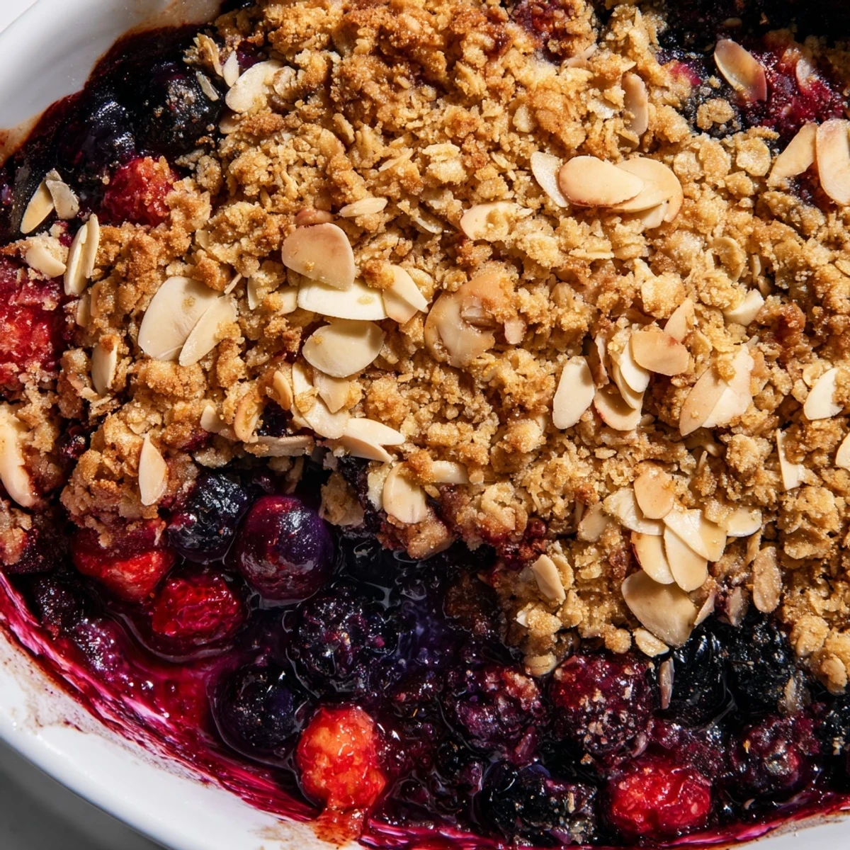 Spoonful of Winter Berry Crumble with Oats lifted to reveal vibrant red and blue berries beneath a golden, cinnamon-scented oat crumble topping.
