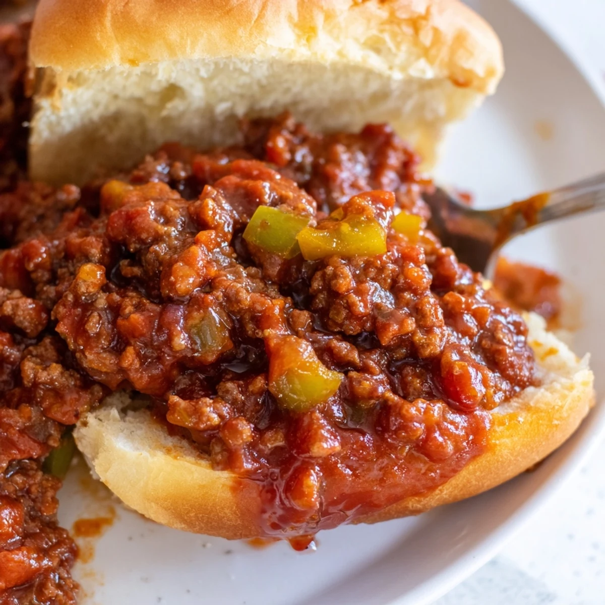 Homemade Beef Sloppy Joes piled high on a toasted hamburger bun, with extra sauce dripping down the side.