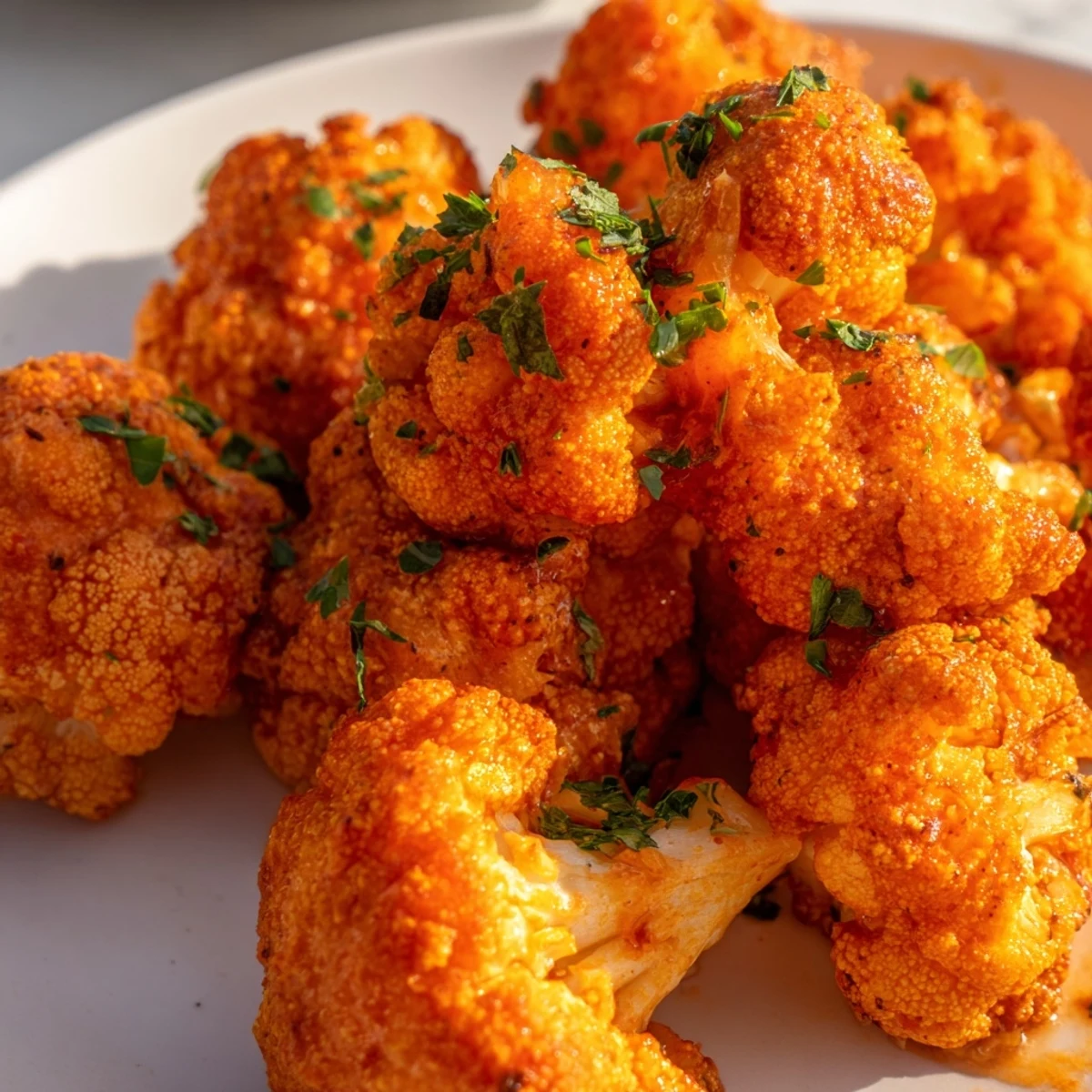 Oven-baked cauliflower florets coated in a tangy buffalo sauce, served hot as a vegetarian party appetizer.