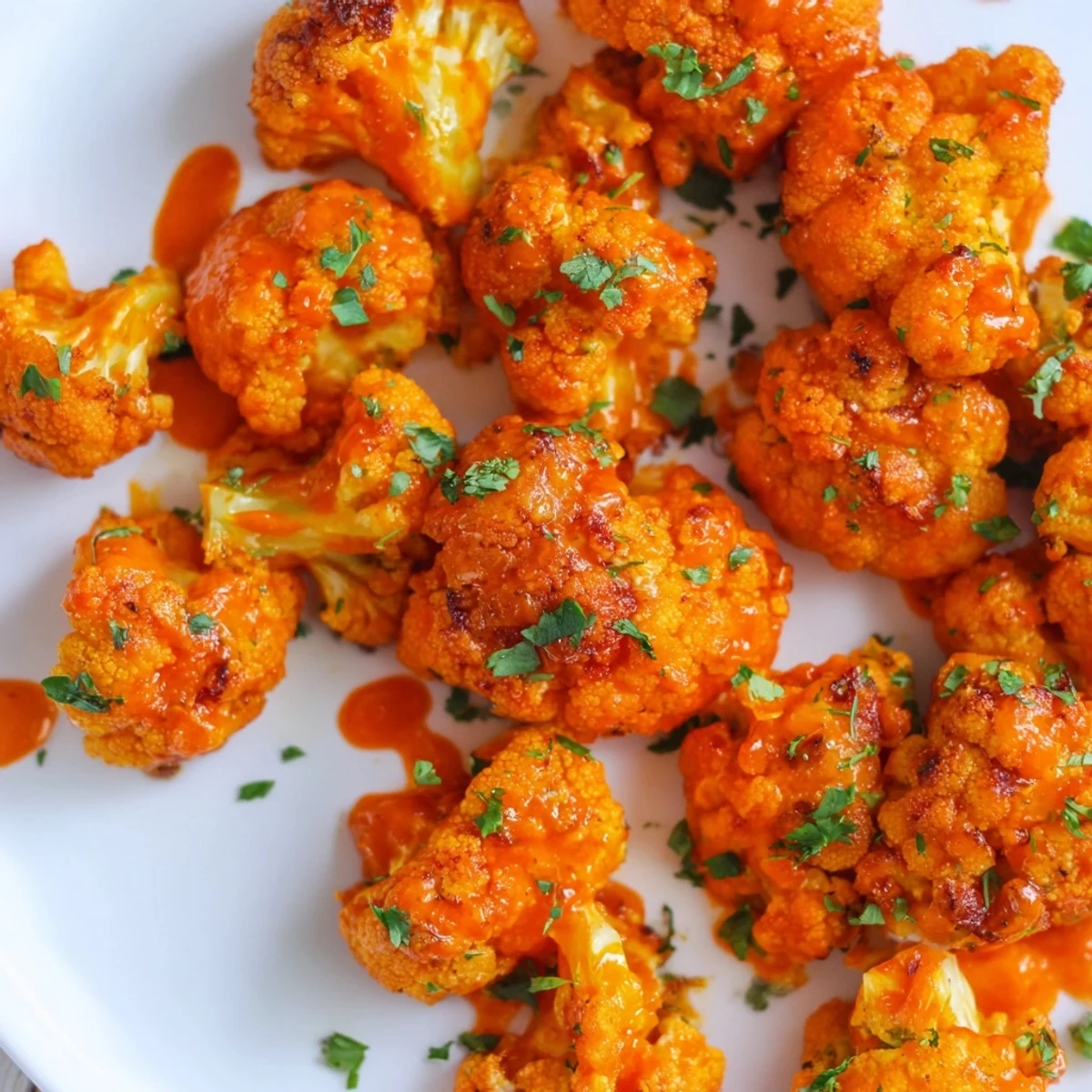 Golden-brown Spicy Buffalo Cauliflower Bites are arranged on a platter with cool ranch dip and fresh celery sticks.