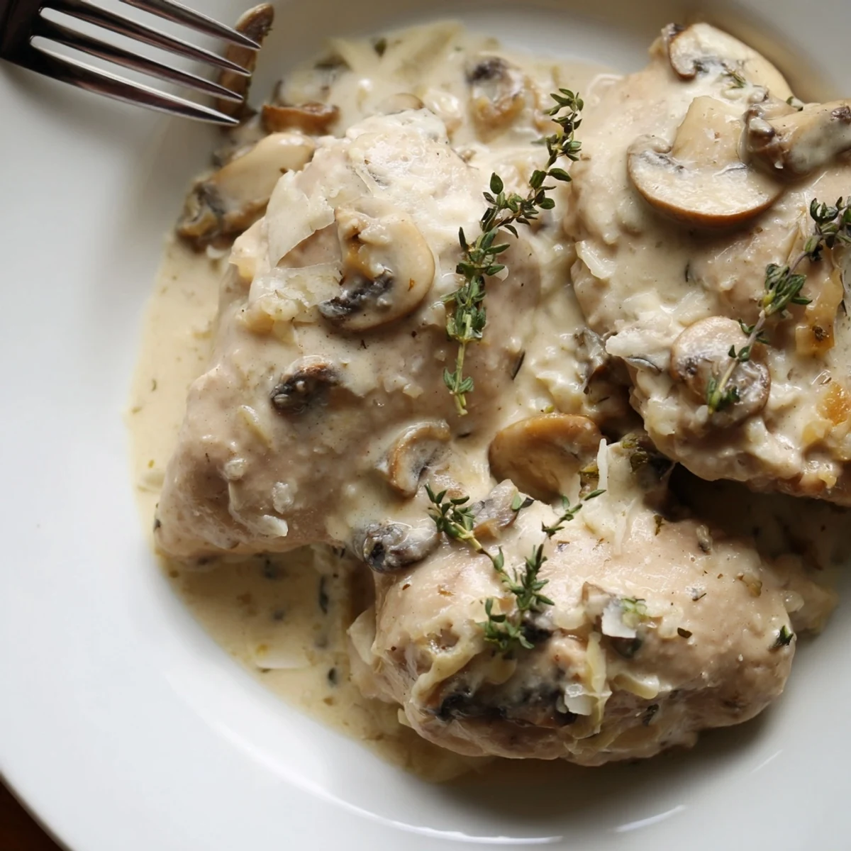 A close-up of Creamy Garlic Mushroom Chicken Thighs with rich, velvety sauce and tender meat ready for a comforting dinner.  