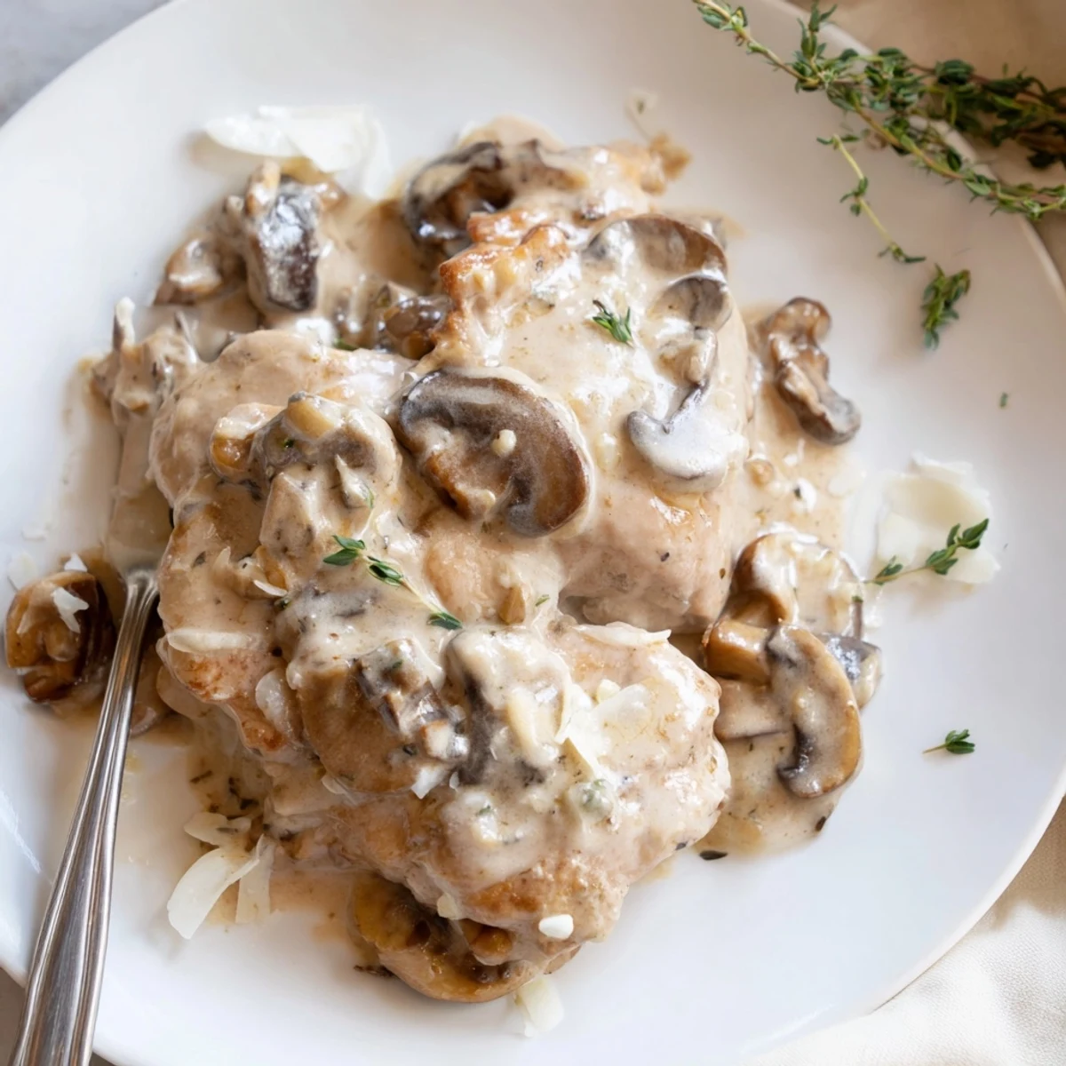 Sizzling Creamy Garlic Mushroom Chicken Thighs in a skillet, featuring juicy meat and a savory garlic mushroom sauce for weeknight meals.