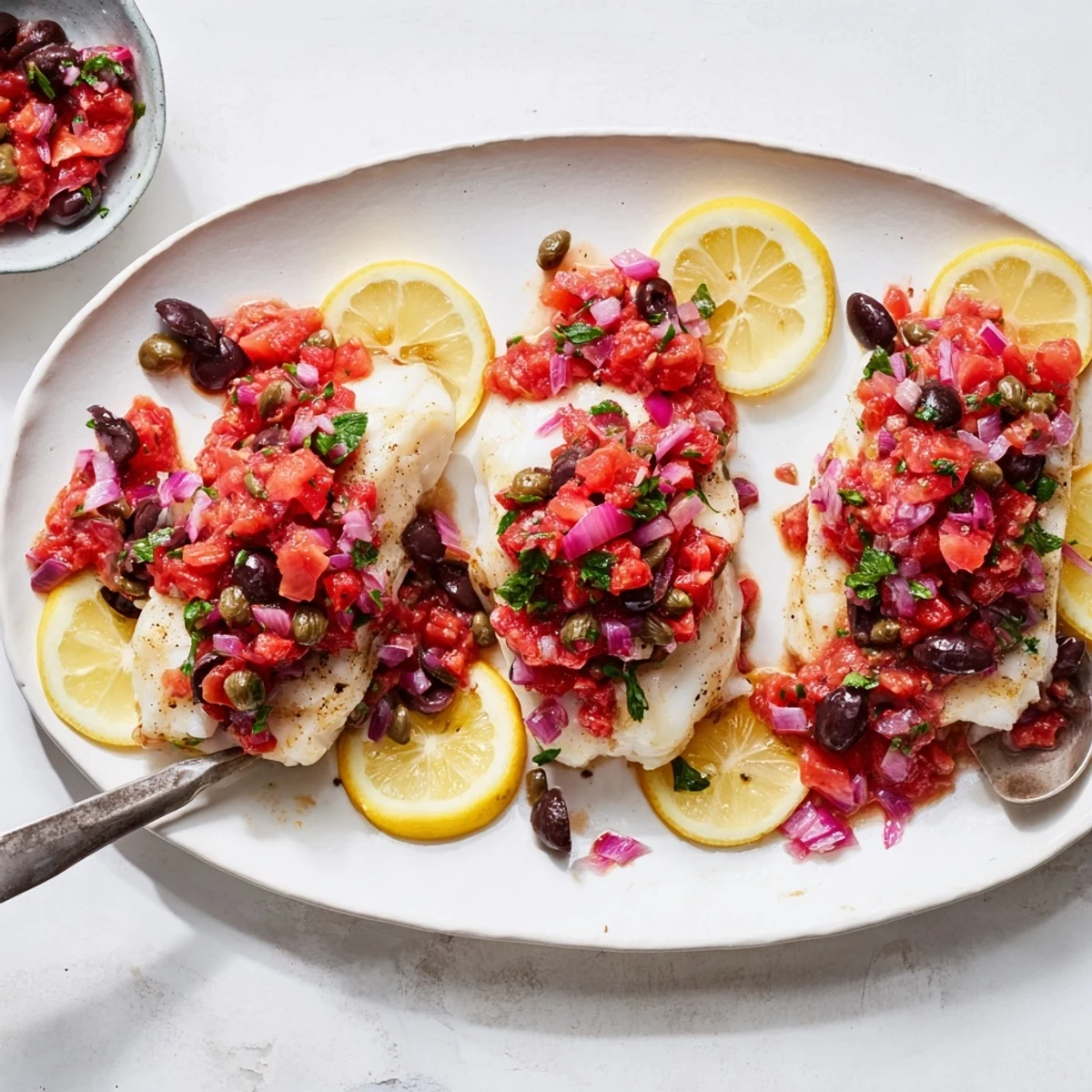Colorful Mediterranean-style Baked Cod with Tomato and Olive Salsa, garnished with capers and parsley, ready to serve.