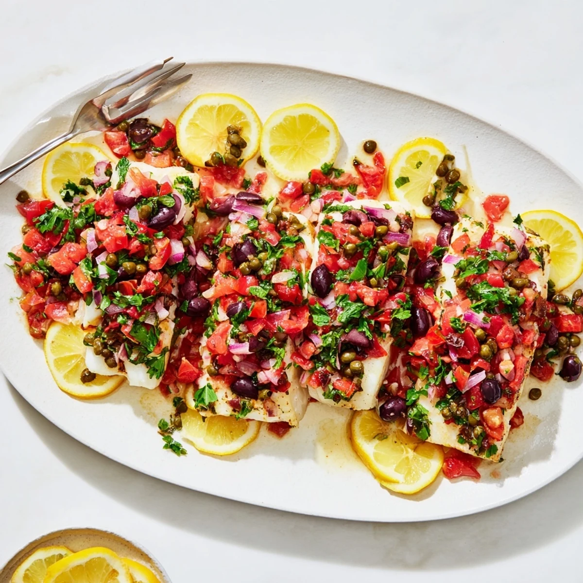 A close-up of Baked Cod with Tomato and Olive Salsa served on a white plate, with lemon slices and red onion.