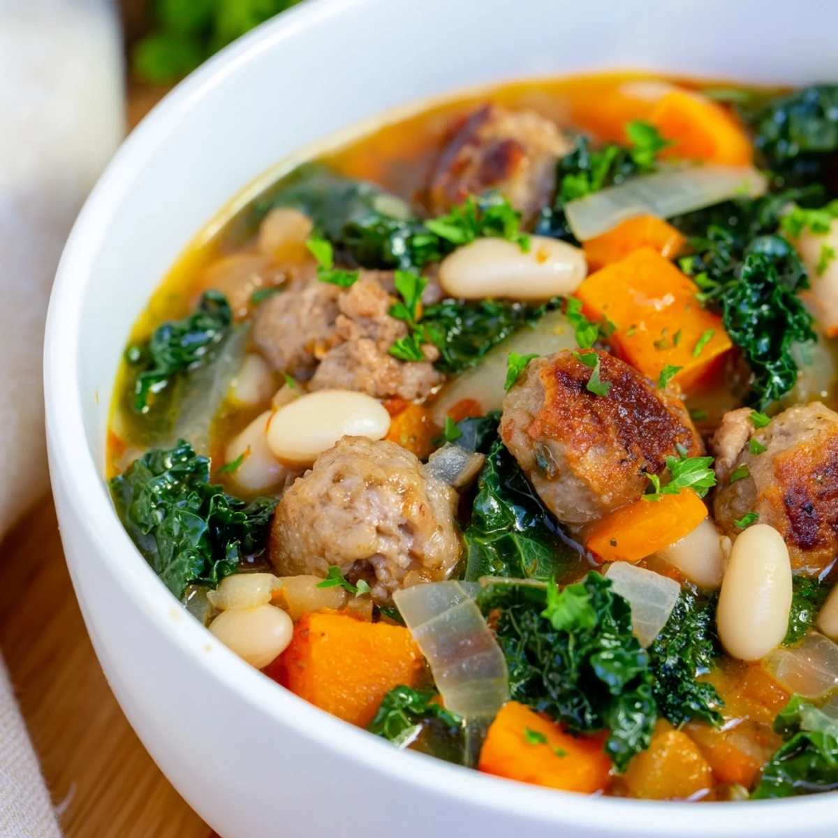 Close-up of hearty Turkey Sausage and Kale Soup showing tender carrots, kale, and creamy white beans in savory broth.