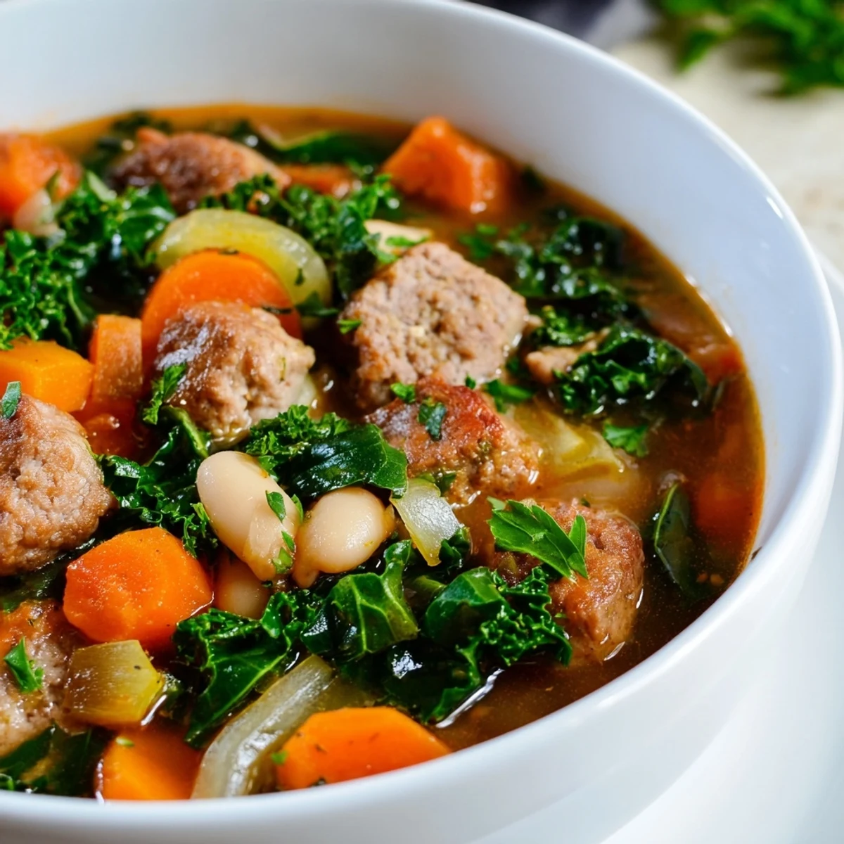 Cozy pot of Turkey Sausage and Kale Soup ready to serve, featuring browned sausage crumbles and vibrant greens.