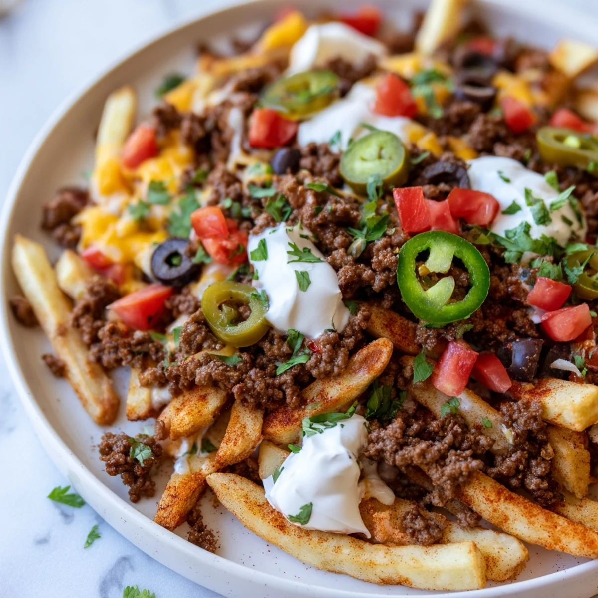 Golden-brown Super Bowl Loaded Nacho Fries fresh from the oven, topped with spicy beef, melted cheese, and fresh jalapeños.