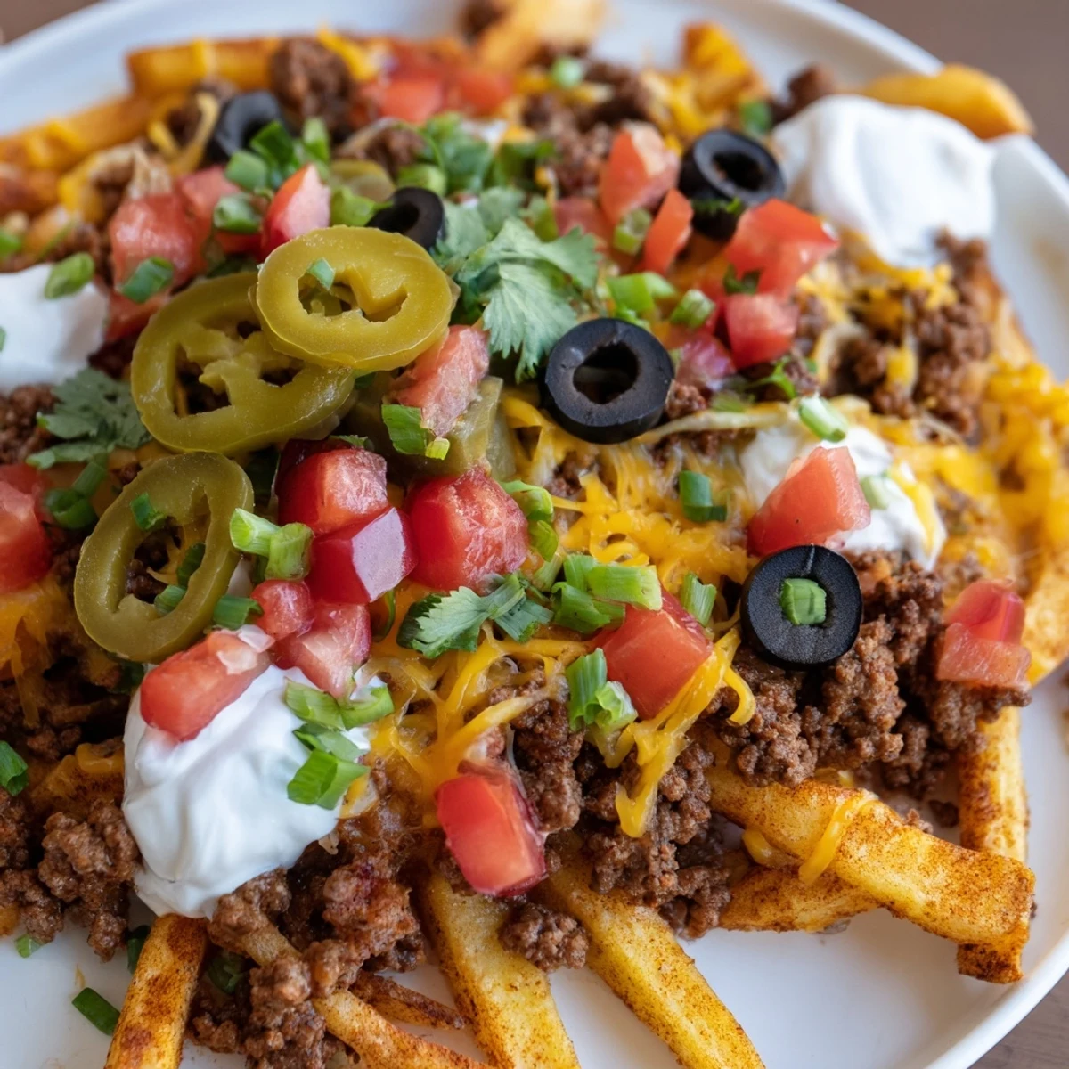 Melting cheddar and Monterey Jack cheese blankets crispy fries with beef, tomatoes, and black olives on a platter.