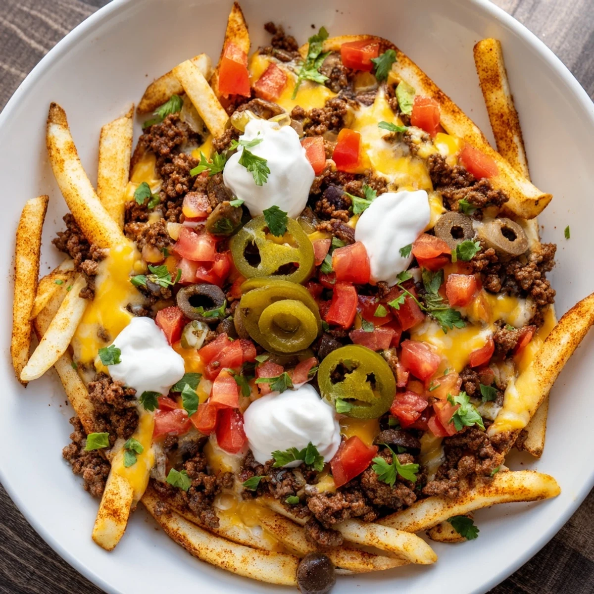 Crispy fries loaded with seasoned ground beef and cheddar, garnished with sour cream and green onions for a game day feast.