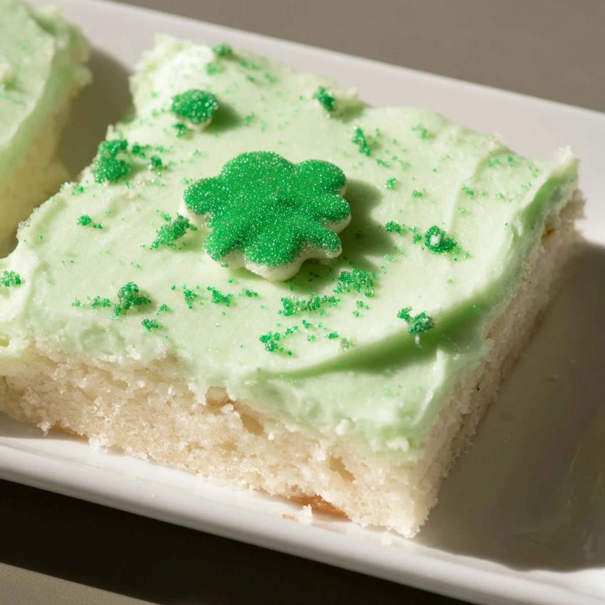 These Shamrock Cookie Bars feature soft sugar cookie bases topped with creamy, vibrant green frosting and festive shamrock sprinkles.