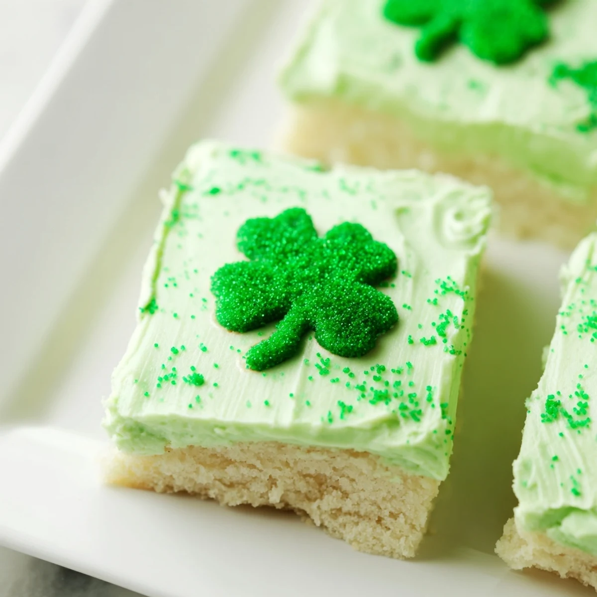 A close-up view showcases freshly cut Shamrock Cookie Bars with smooth green icing, perfect for St. Patrick's Day parties.