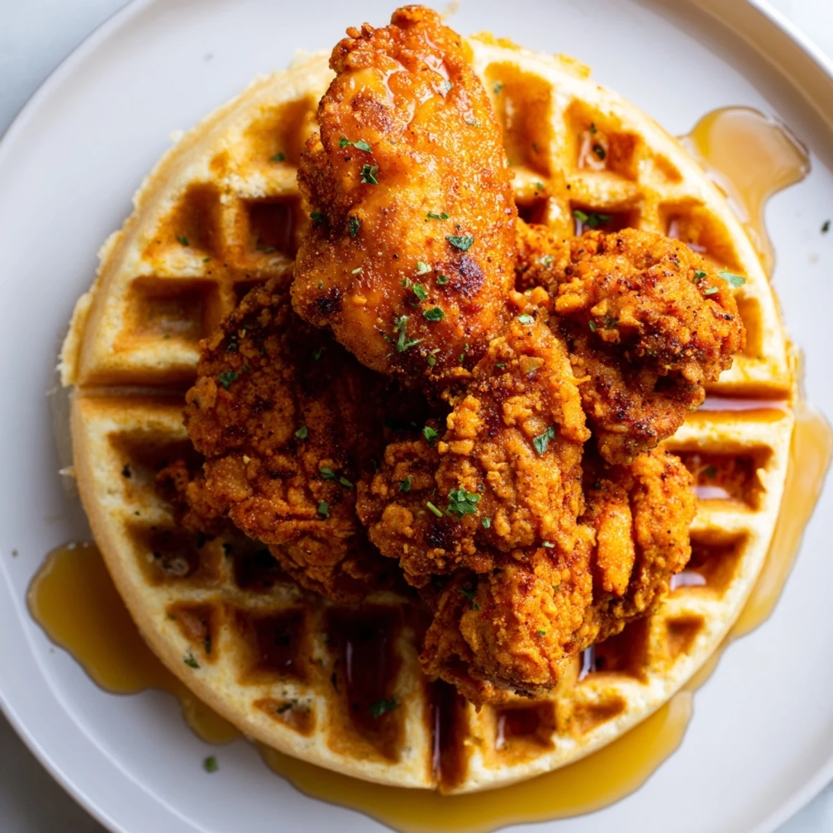 Golden-brown Cajun Chicken and Waffles topped with syrup, fresh chives, and a pat of butter on a plate.