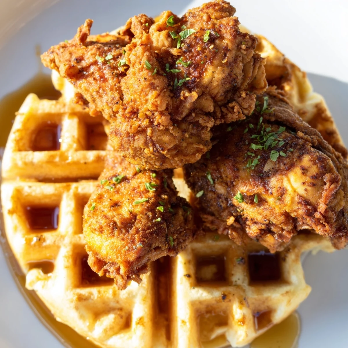A close-up of spicy Cajun Chicken and Waffles with crispy fried thighs resting on fluffy buttermilk waffles.