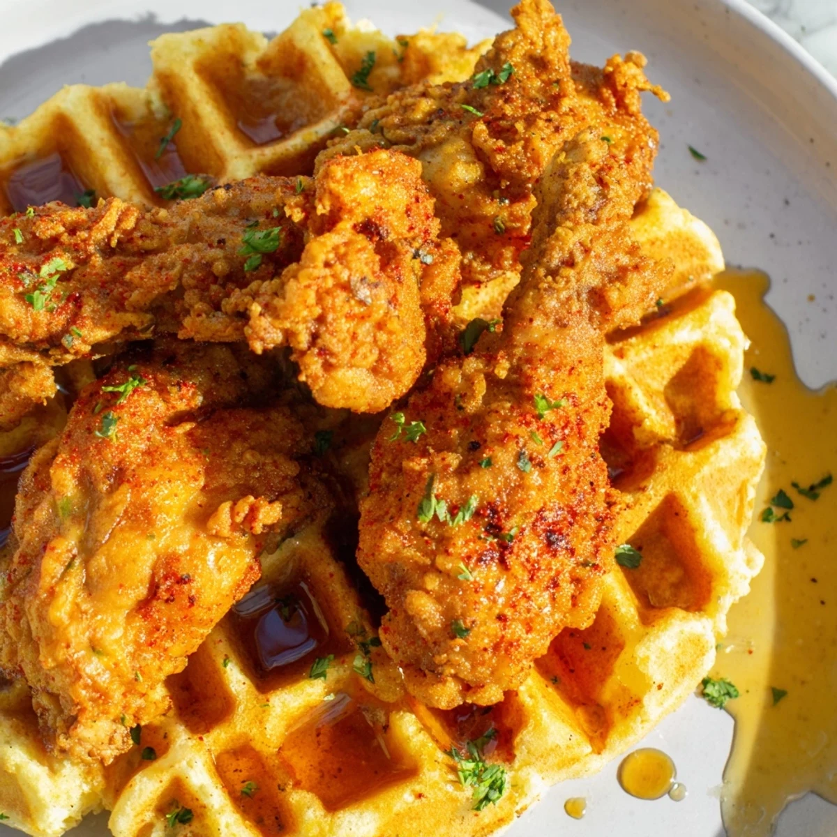 Overhead view of a Southern-style Cajun Chicken and Waffles recipe drizzled with maple syrup, ready to serve.