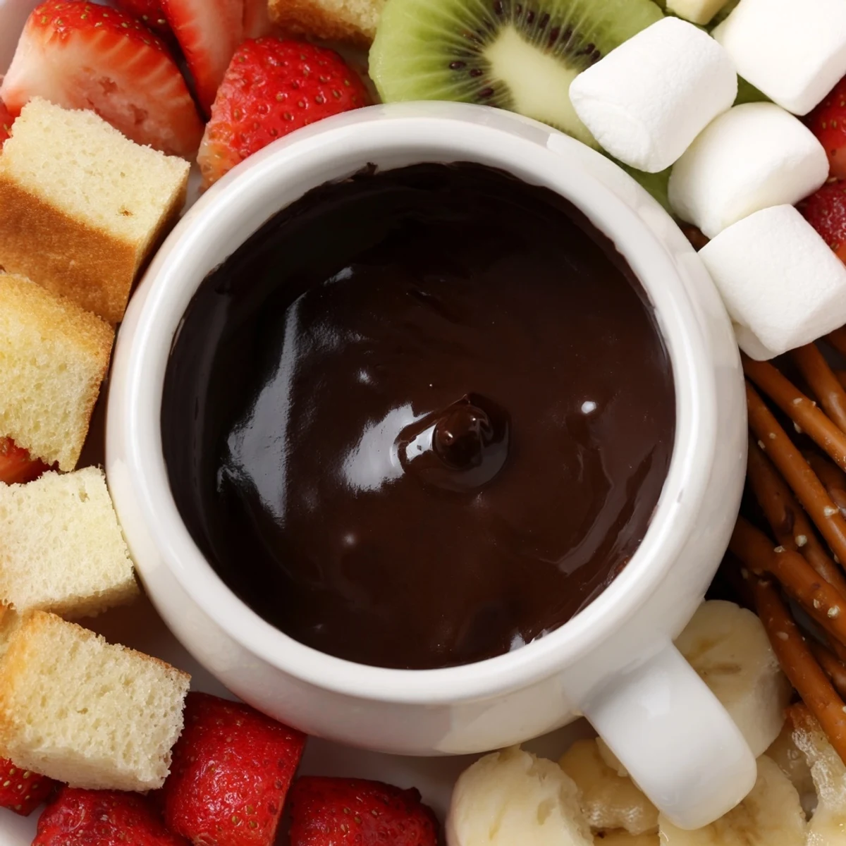 Steamy Date Night Chocolate Fondue in a white bowl with strawberries, banana slices, marshmallows, and pretzels ready for dipping. 