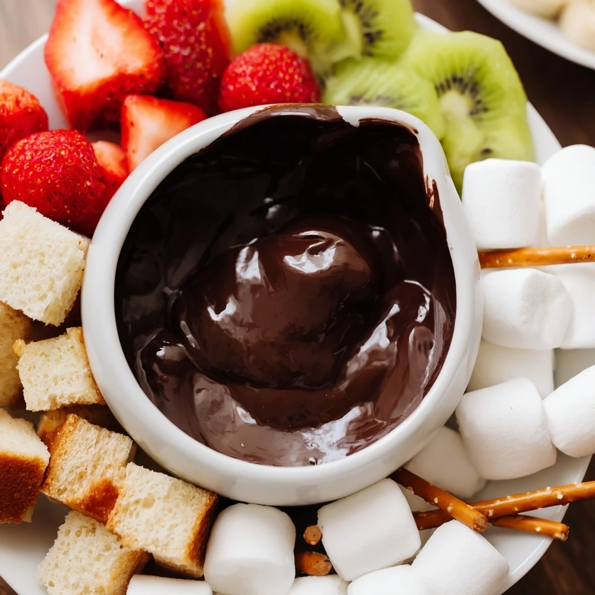 Fresh strawberries, sliced bananas, and pound cake cubes surround a warm, glossy Date Night Chocolate Fondue pot for two. 