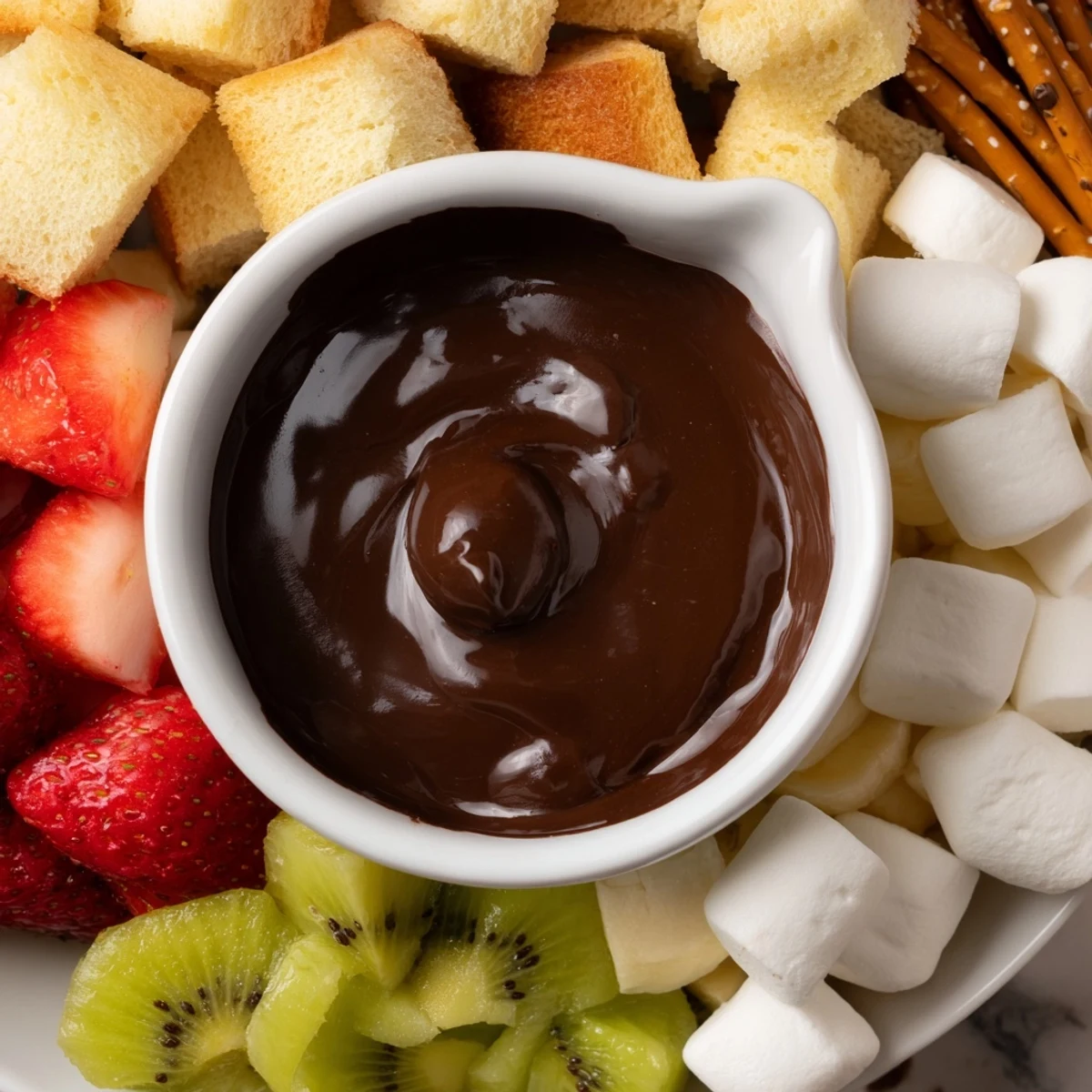 Romantic Date Night Chocolate Fondue bubbling softly with dippers like kiwi, marshmallows, and pretzels on a wood platter.