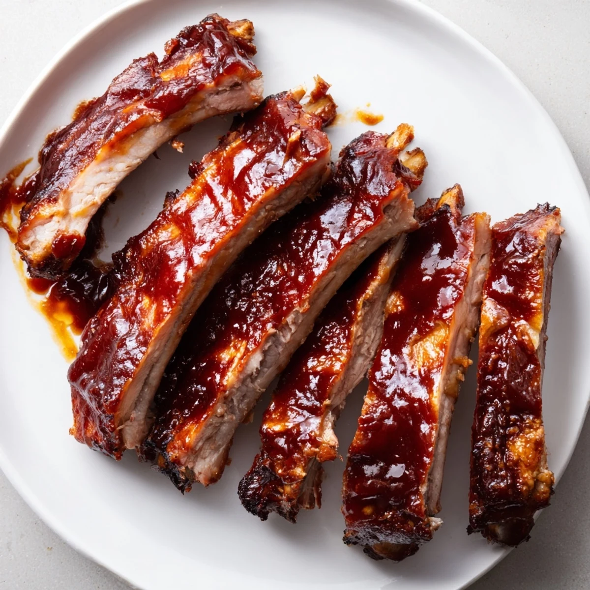 Golden-brown Tailgate Ribs with BBQ Sauce rest on a grill, glistening with sticky, smoky glaze and flecks of spice. 