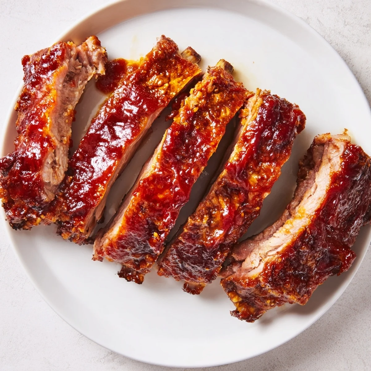 Perfectly caramelized Tailgate Ribs with BBQ Sauce are sliced and stacked high, ready for a backyard football feast.