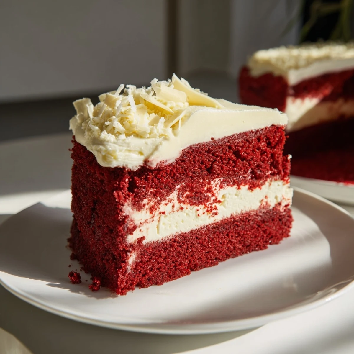 Freshly sliced Red Velvet Cheesecake reveals bold crimson layers and creamy white topping, served on a dessert plate.