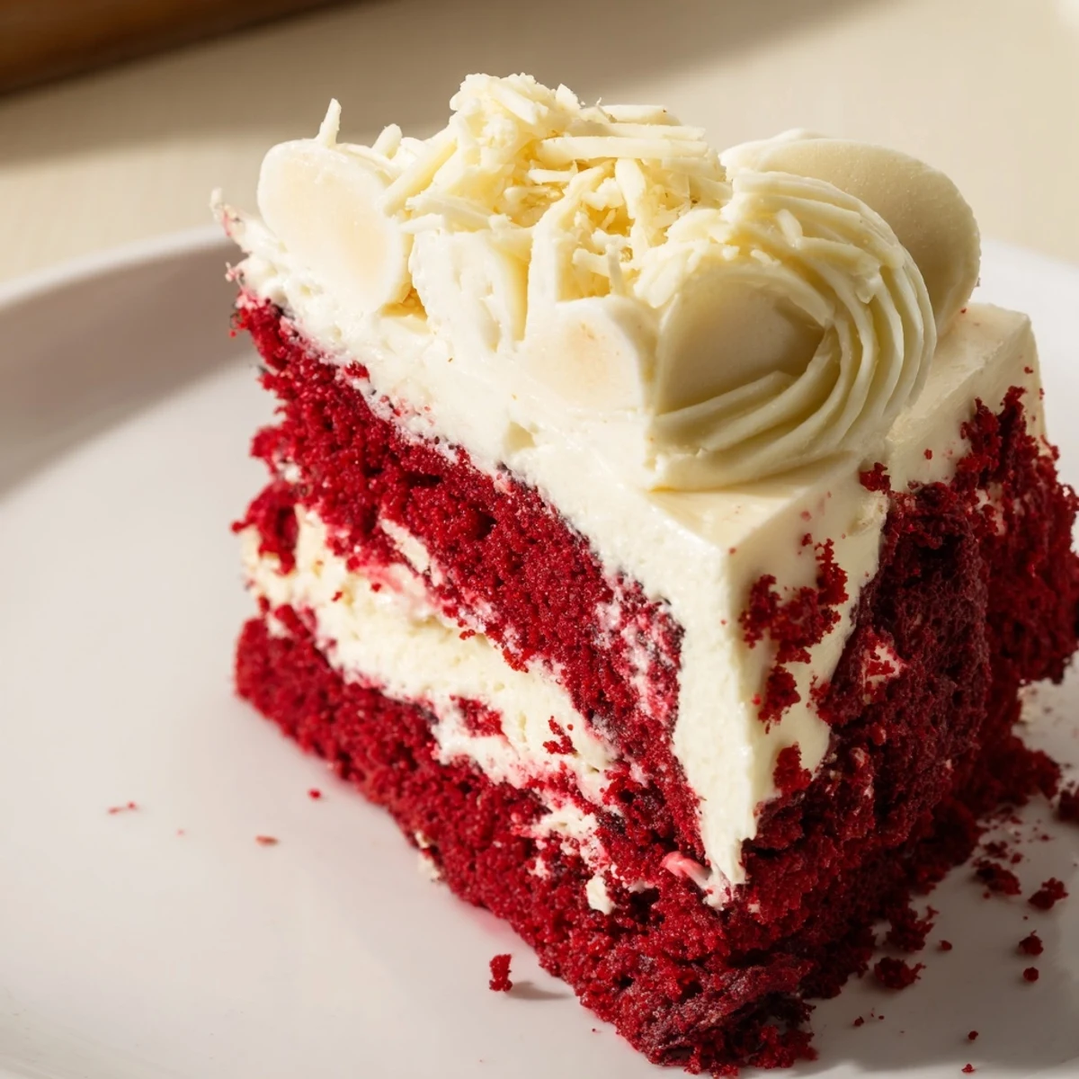 Perfectly baked Red Velvet Cheesecake with smooth cream cheese swirls and rich cocoa notes on a marble counter.