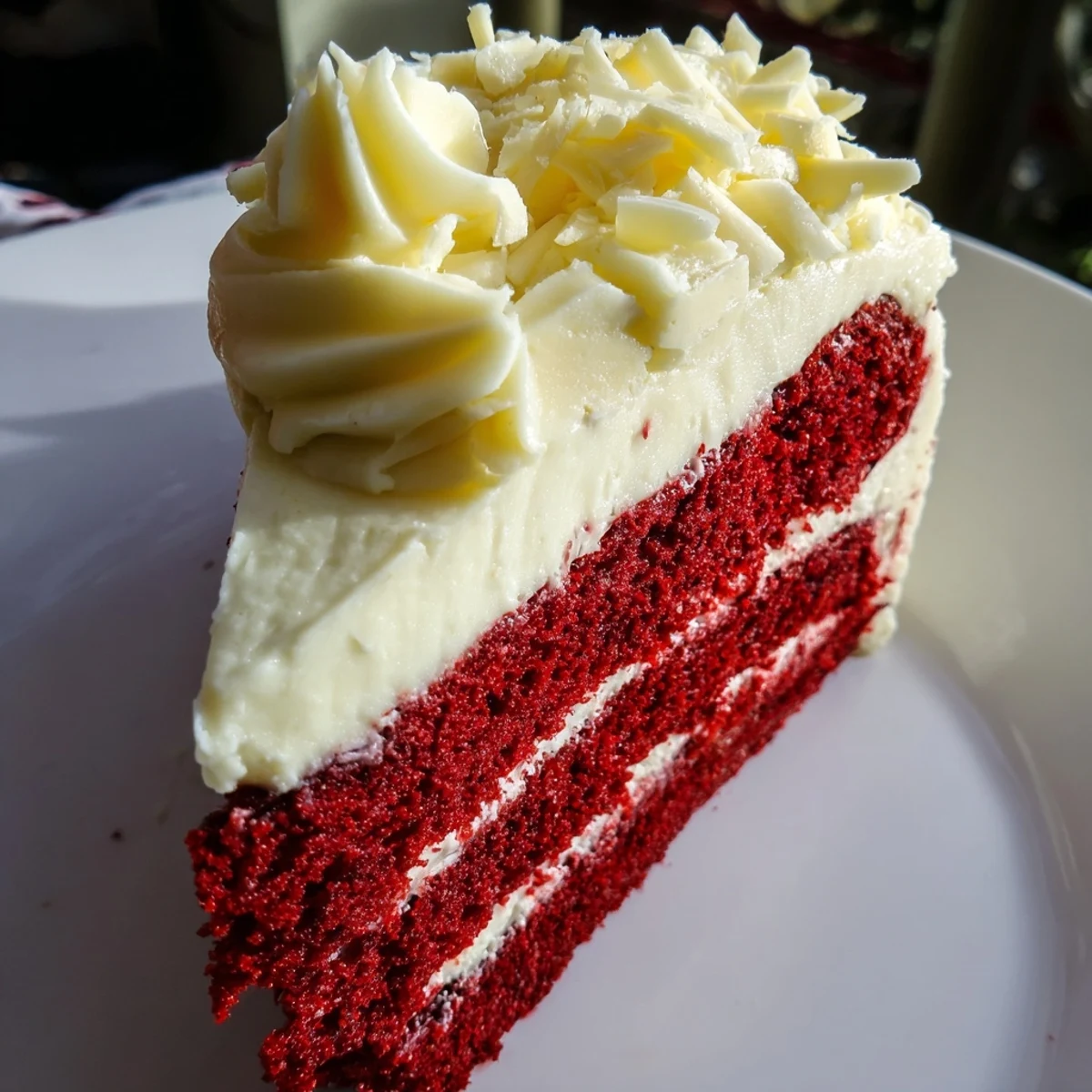 Decadent Red Velvet Cheesecake slice garnished with white chocolate shavings beside a steaming cup of coffee.
