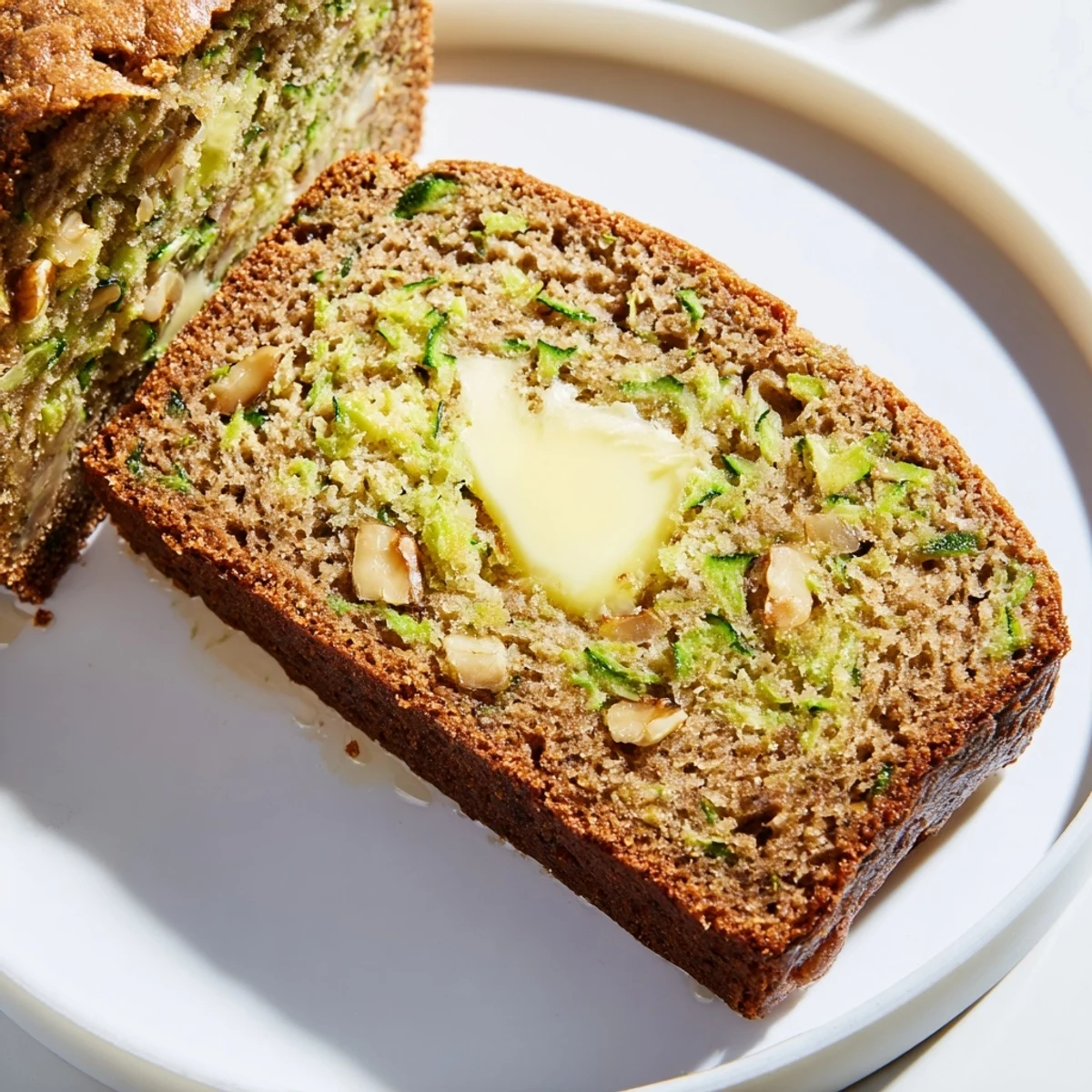 Freshly baked Green Zucchini Bread cooling on a wire rack, showcasing its tender, moist crumb with visible flecks of green zucchini.