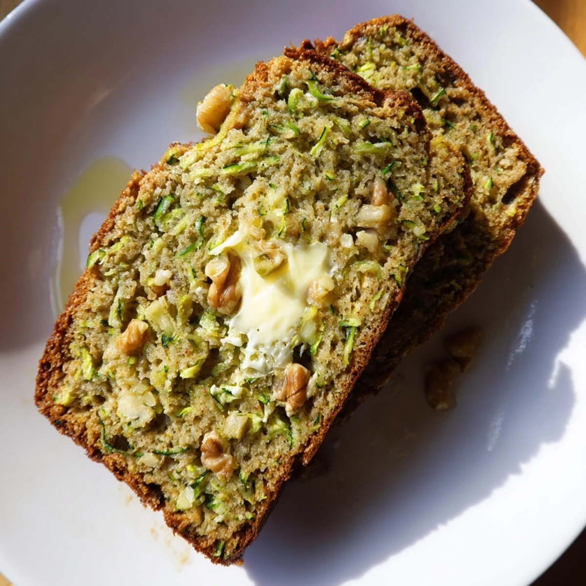 A sliced loaf of Green Zucchini Bread reveals a soft interior and golden crust, served with a smear of butter on top.
