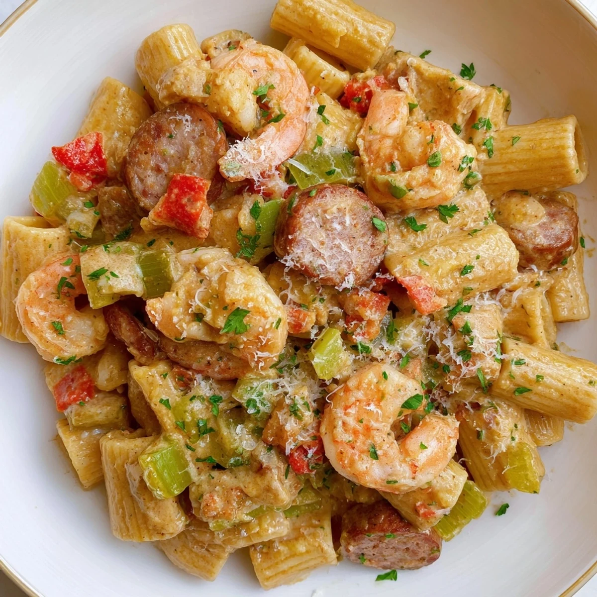 Creamy Mardi Gras Jambalaya Pasta with andouille sausage, chicken, and shrimp in a spicy sauce.
