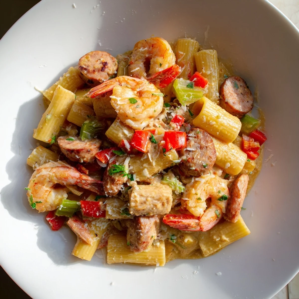 A hearty bowl of Mardi Gras Jambalaya Pasta, garnished with fresh parsley and green onions.