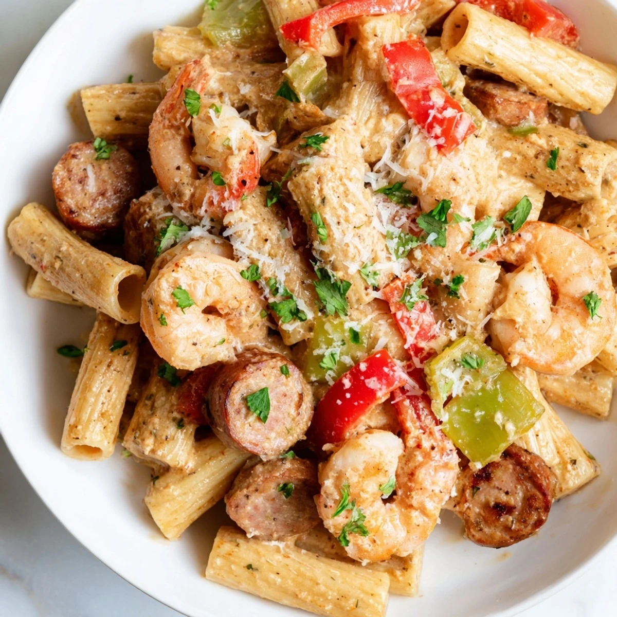 Steaming skillet of Mardi Gras Jambalaya Pasta, penne coated in a creamy Cajun sauce with shrimp.