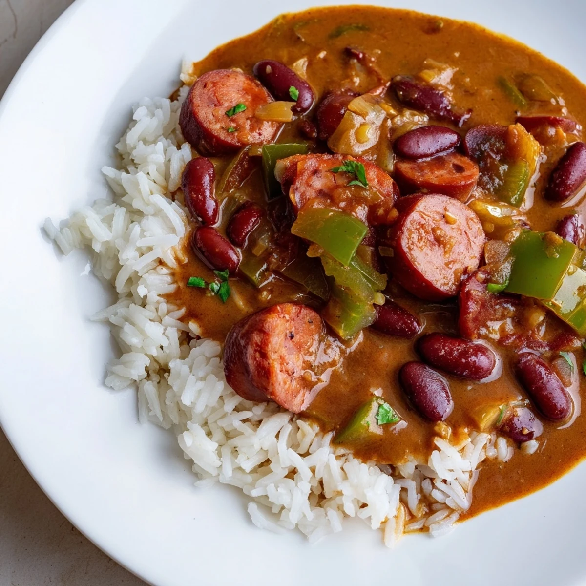 A close-up of creamy Creole Red Beans and Rice, garnished with fresh parsley and a drizzle of hot sauce on a rustic plate.