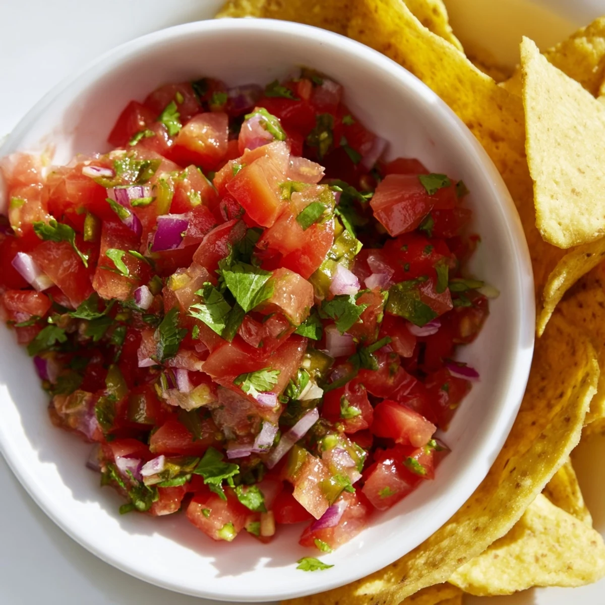Freshly made Big Game Chips and Salsa with vibrant tomato salsa and lime juice.