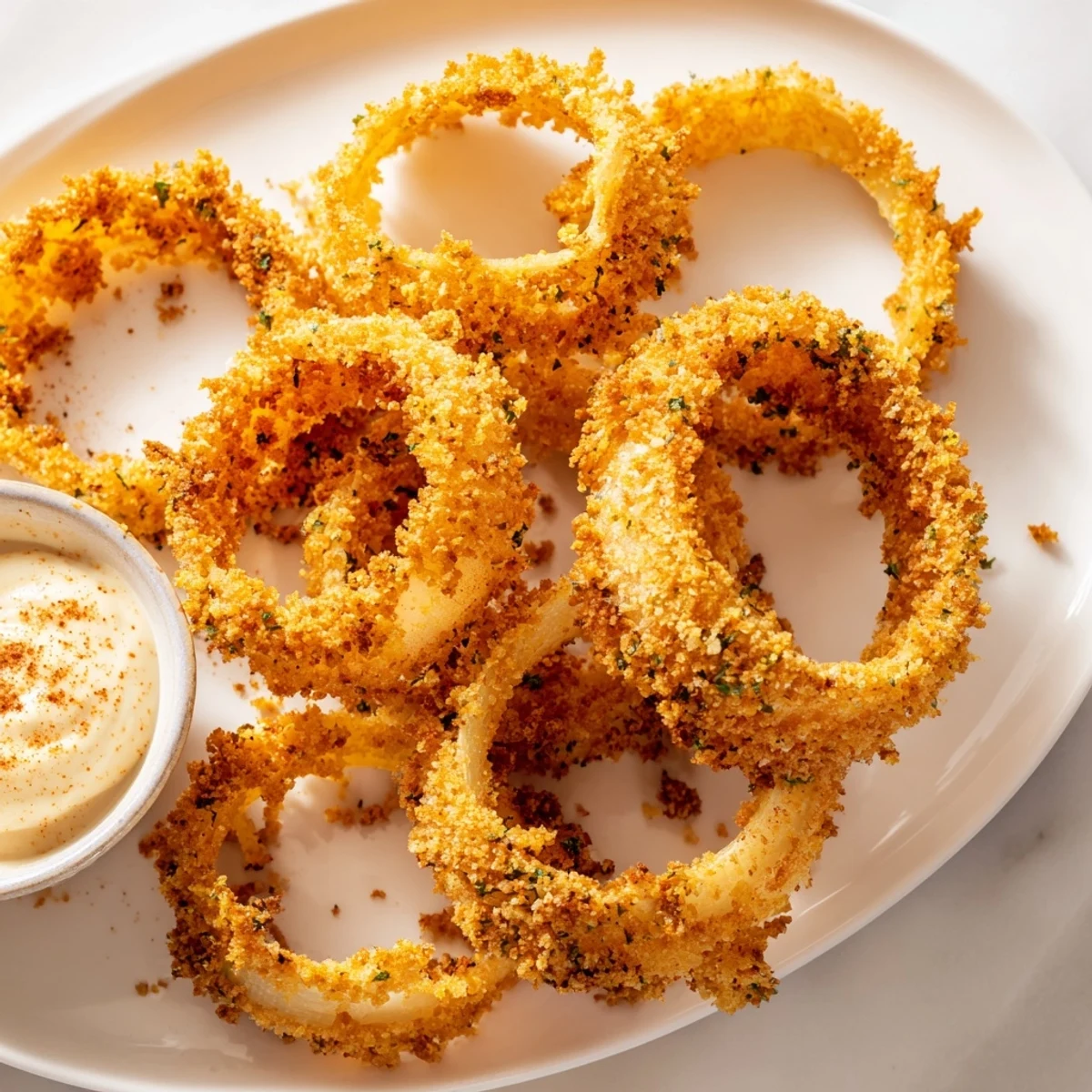 Freshly fried golden Crispy Air Fryer Onion Rings with Spicy Mayo stacked on a plate.