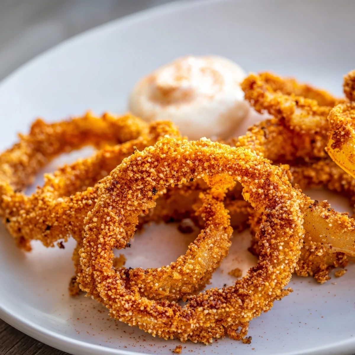 Perfectly golden Crispy Air Fryer Onion Rings with Spicy Mayo served alongside dipping sauce.