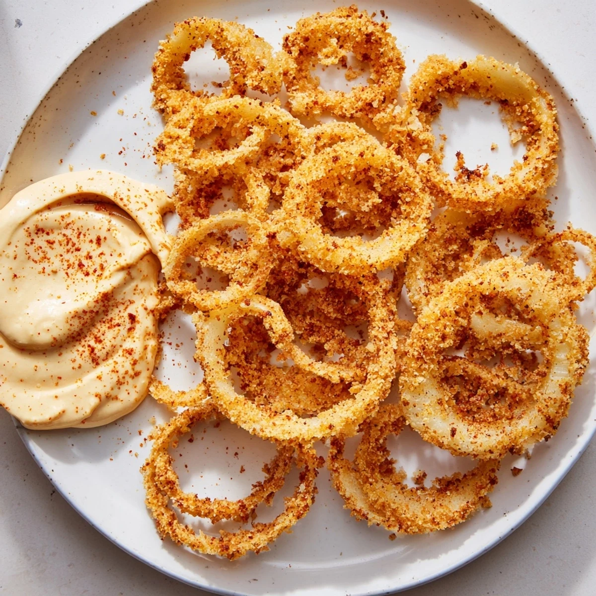 Close-up of Crispy Air Fryer Onion Rings with Spicy Mayo showing a crunchy breaded texture.
