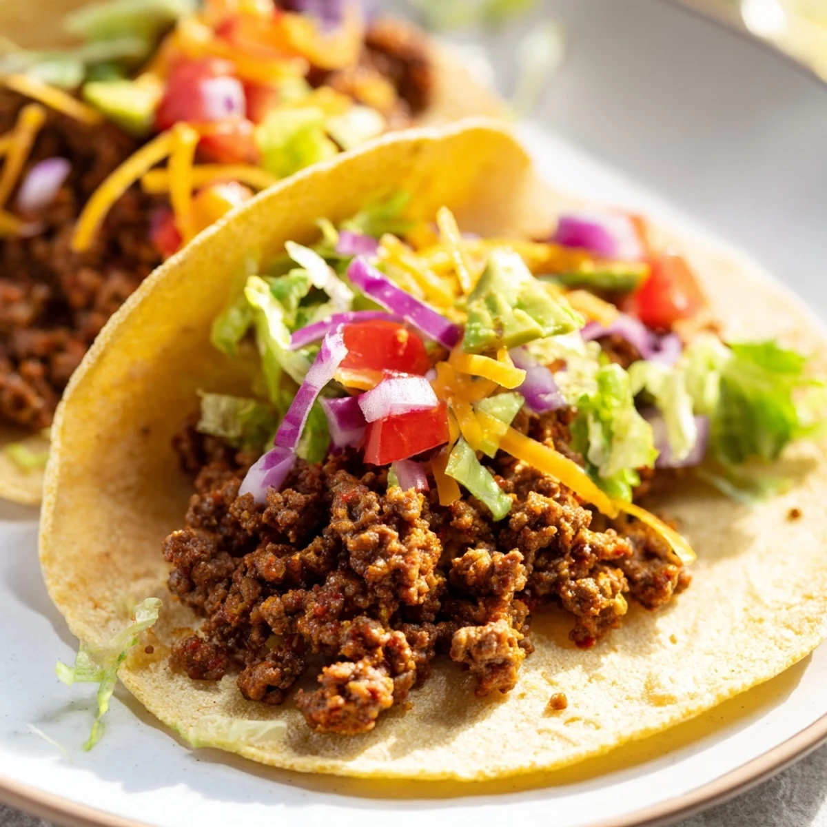 Golden-brown ground beef simmers in a homemade spice mix, piled into soft tortillas with shredded lettuce and melted cheese.