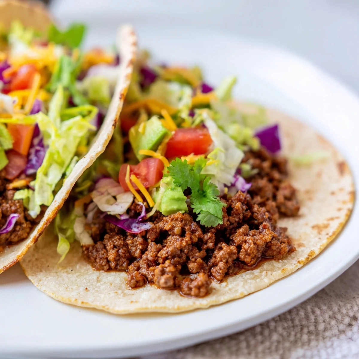 A close-up of colorful Beef Tacos with Homemade Seasoning, garnished with diced tomatoes, red onion, and lime wedges on a rustic table.