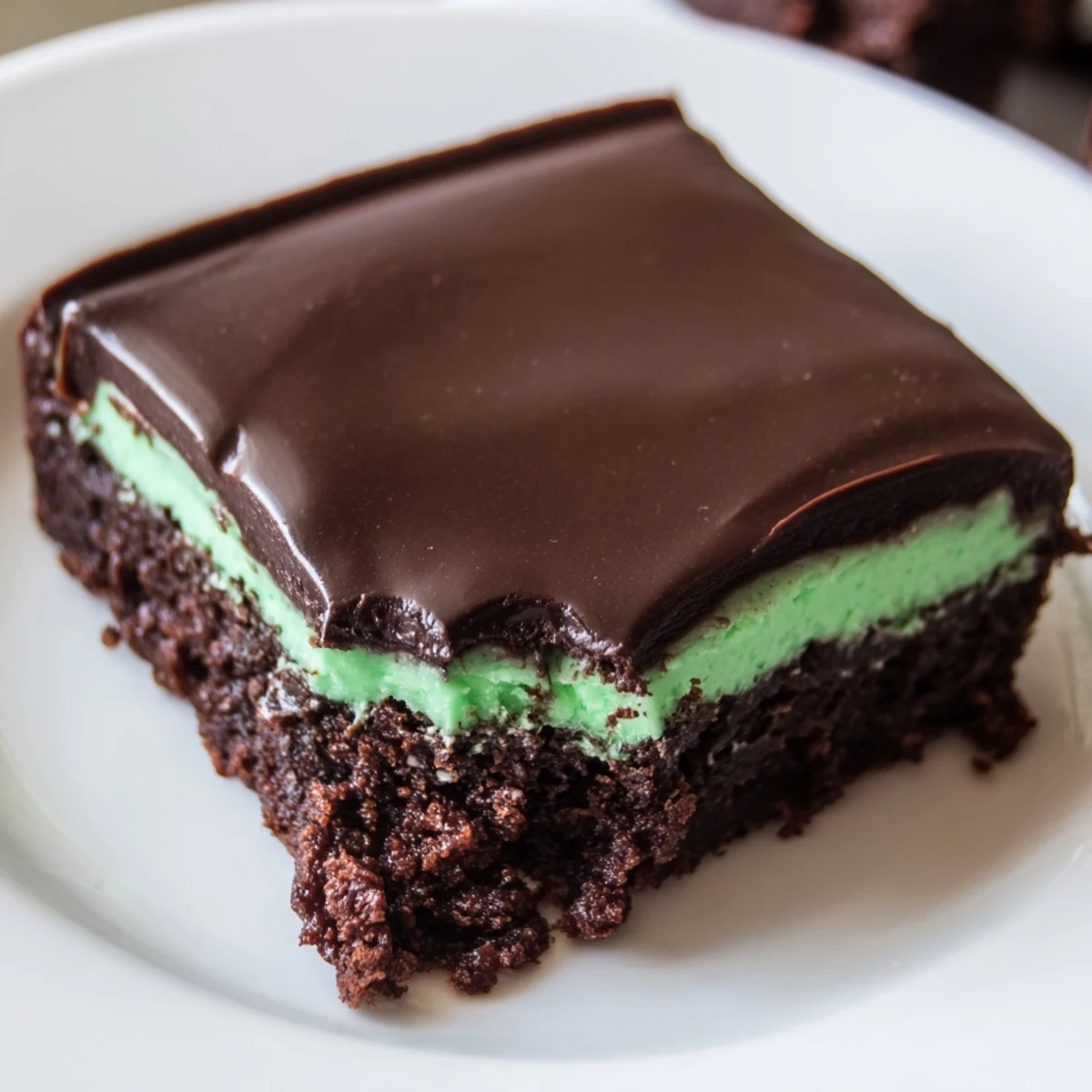 Fudgy Shamrock Mint Brownies with Chocolate Ganache show vibrant green mint cream and dark chocolate shine on a plate.