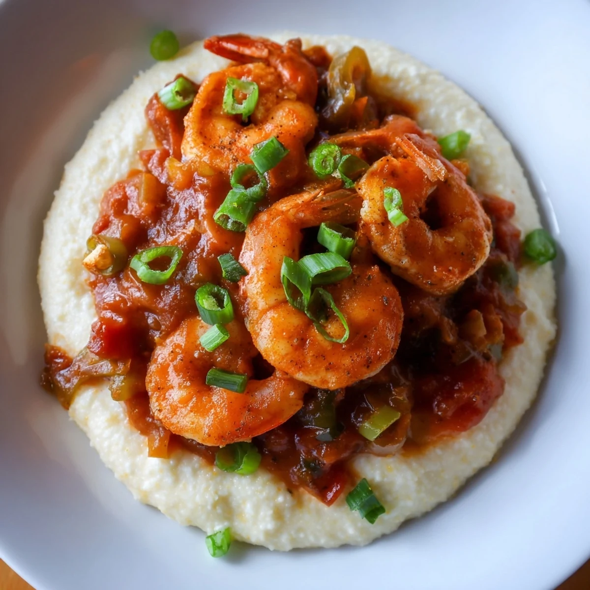 Creamy cheddar grits topped with Creole-spiced shrimp and rich tomato gravy in a warm Southern bowl.